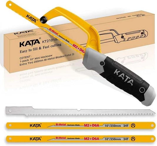KATA Hacksaw, Compact Hand Operating Hack Saw with 10 Inch Aluminum Frame, 2 Piece Extra Flexible Bi-Metal HSS Blades and 1 Piece Woodworking Saw Blade, Suitable for Wood and Metal (Mini Hacksaw)