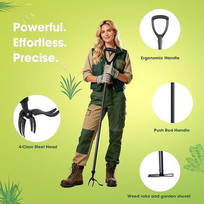 Weed Puller Tool, 2-in-1 Stand Up Weeder with 4-Claw Head & Rake, No Tools Required Assembly, Gets Rid of Weeds & Roots Permanently for a Pristine Lawn