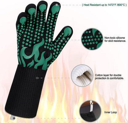 Comsmart BBQ Gloves, 1472 Degree F Heat Resistant Grilling Gloves Silicone Non-Slip Oven Gloves Long Kitchen Gloves for Barbecue, Cooking, Baking, Cutting