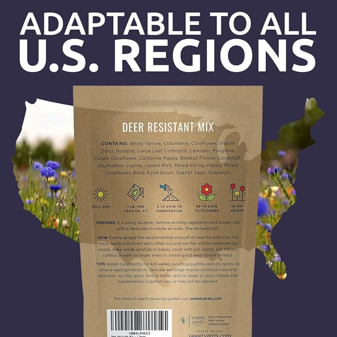 Deer Resistant Wildflower Seed Mixture - Bulk 1 Pound Bag - Over 240,000 Deer Tolerant Seeds - Open Pollinated and Non GMO