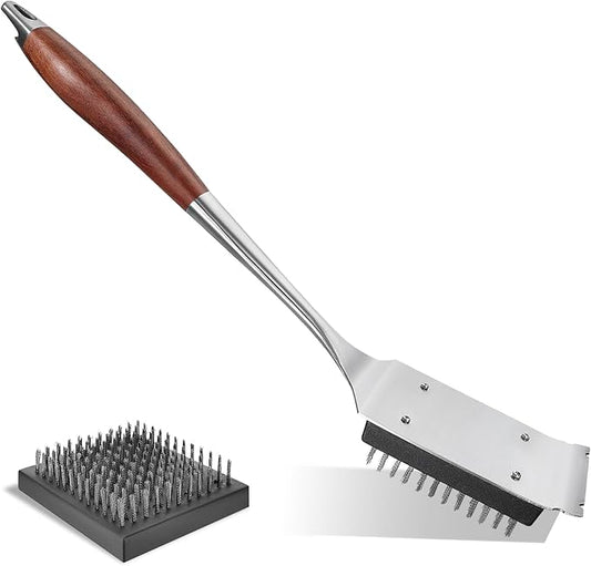 KULUNER Premium Grill Brush and Scraper - Solid Wood Handle, Scratch-Free Stainless Steel Bristles, Includes Replacement Brush Head - Features Bottle Opener, Compatible with All Grills