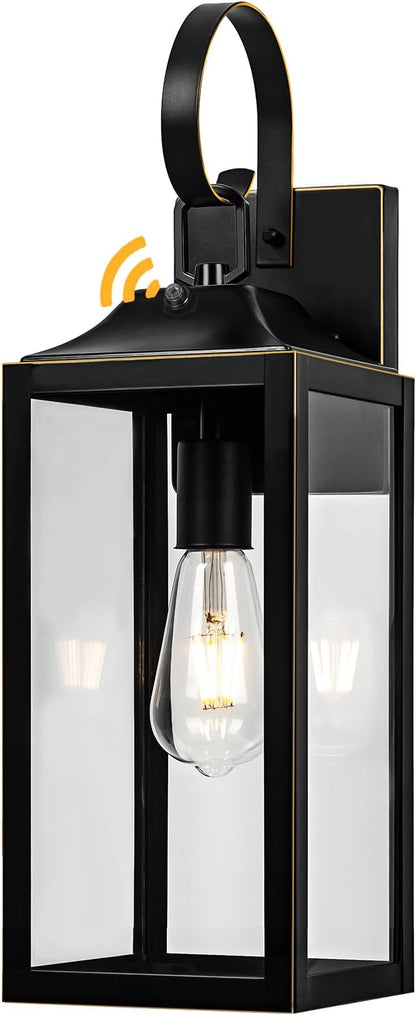 Large Dusk to Dawn Outdoor Wall Light, 19" Black Outside Farmhouse Wall Sconce, Industrial Wall Mount Light Fixture, Waterproof Modern Porch Lighting Exterior Lamp for House -with Gold Trim