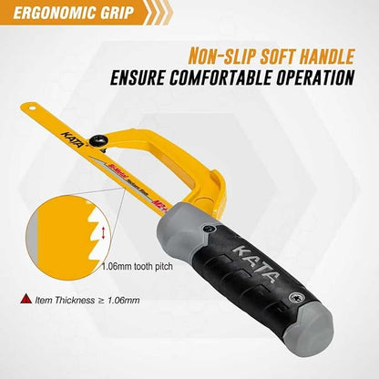 KATA Hacksaw, Compact Hand Operating Hack Saw with 10 Inch Aluminum Frame, 2 Piece Extra Flexible Bi-Metal HSS Blades and 1 Piece Woodworking Saw Blade, Suitable for Wood and Metal (Mini Hacksaw)