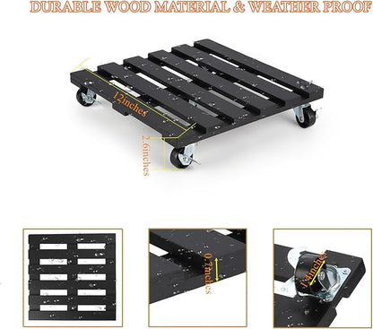 2 Pack Plant Stand with Wheels, 12" Rolling Plant Stand 264 LBS Heavy Duty Wooden Square Plant Caddy with Metal 360° Lockable Caster Wheels for Outdoor Indoor Large Plant Pots, Flower Pot, Patio-Black