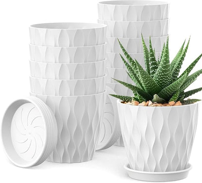 12 Pack 4 Inch Small Plant Pots with Saucers, Waffle Texture Plastic Planters with Drainage Holes for Indoor and Outdoor Plants, Flowers, Herbs, Succulents, and Seedlings, White