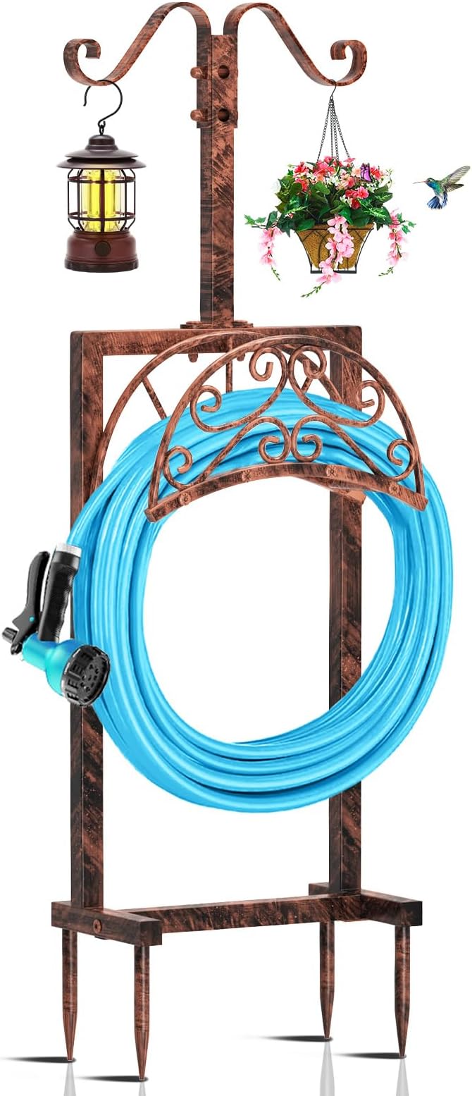 Garden Hose Holder Hanger Freestanding, Upgraded 4 Spikes Heavy Duty Storage Reel Stand with Shepherds Hooks, Holds 150ft Hose for Outside Garden Yard Lawn vegetable patch(Vintage Bronze)