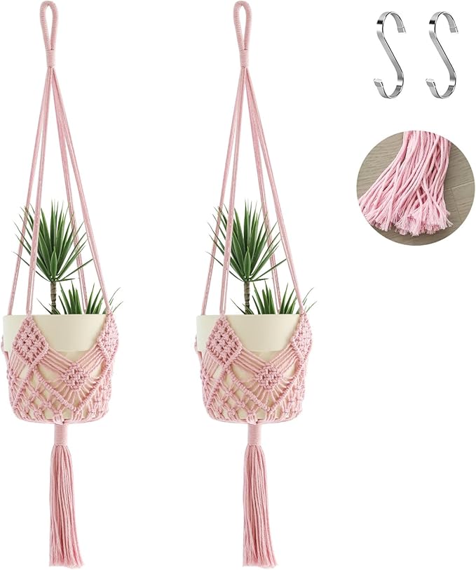Hanging Planter with Patterns,2Packs Macrame Plant Hangers Indoor Macrame for up to 8 inch Pot Crochet Boho Plant Hanger Holder for Indoor Outdoor with 2S Shaped Stainless Steel Hooks (Pearl Pink)