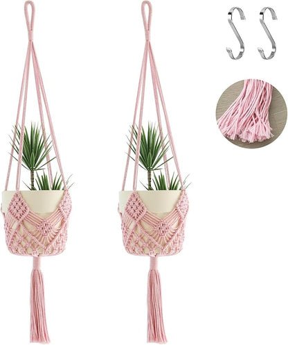 Hanging Planter with Patterns,2Packs Macrame Plant Hangers Indoor Macrame for up to 8 inch Pot Crochet Boho Plant Hanger Holder for Indoor Outdoor with 2S Shaped Stainless Steel Hooks (Pearl Pink)