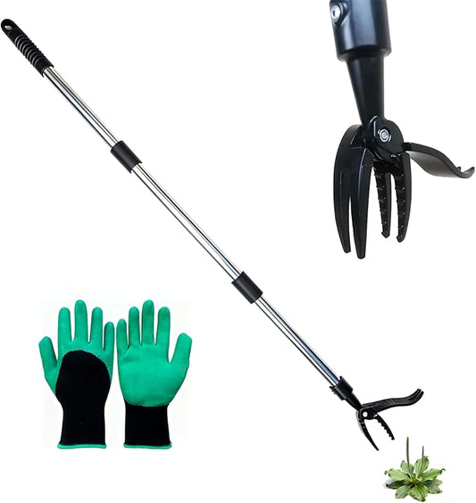 Weed Puller Tool Stand Up Weeder with Long Handle & 4-Claw Steel Head, Manual Weed Remover for Lawn and Garden, No Bend Weeding Tool