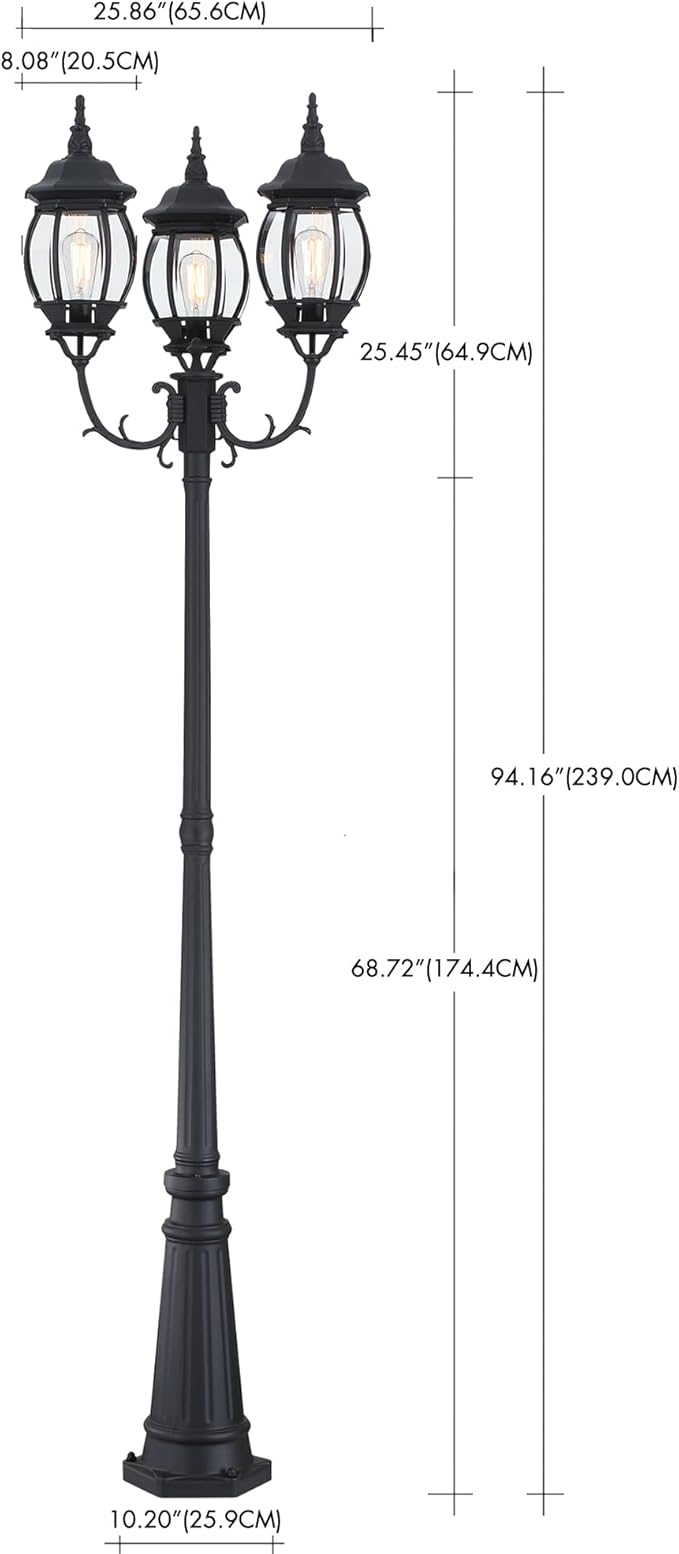 94 Inch 3-Light Post Lantern For Patio Lawn Pathway Triple-Head Post Light For Front Yard Outdoor Street Light 94” Exterior Pole Lights,Aluminium Alloy,Clear Glass Shade,E26(Bulbs Not Included)