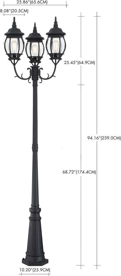 94 Inch 3-Light Post Lantern For Patio Lawn Pathway Triple-Head Post Light For Front Yard Outdoor Street Light 94” Exterior Pole Lights,Aluminium Alloy,Clear Glass Shade,E26(Bulbs Not Included)