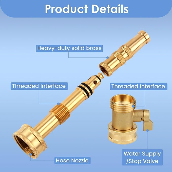 High Pressure Hose Nozzle, Heavy-Duty Brass Adjustable Twist Hose Nozzle with On-Off Valve, Water Hose Sprayer Nozzle with 3/4" GHT Connector for Garden(3 Pack）