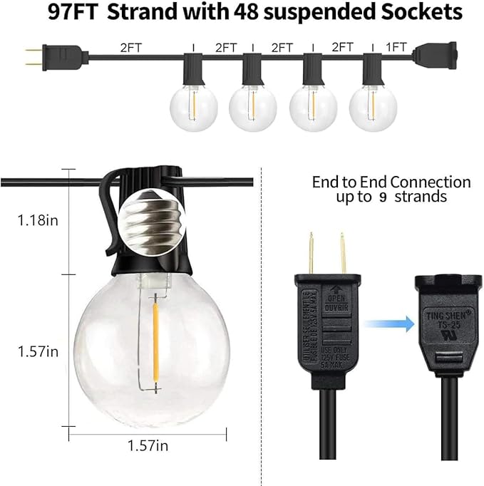 SUNTHIN Outdoor String Lights, 97FT Patio Lights with 49 G40 Shatterproof LED Bulbs(1 Spare), Waterproof Lights String for Outside Backyard, Porch, Bistro, Party, Camping, Garden Gathering