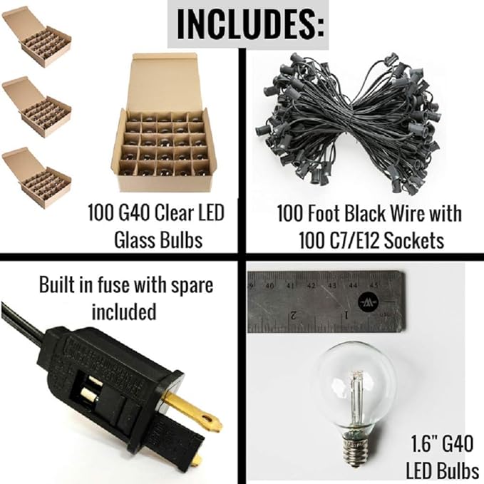 Hometown Evolution, Inc. G40 LED Warm White Outdoor Patio String Lights with 0.6 Watt Bulbs (G40 LED 3 Diode - Black Wire, 100 ft)