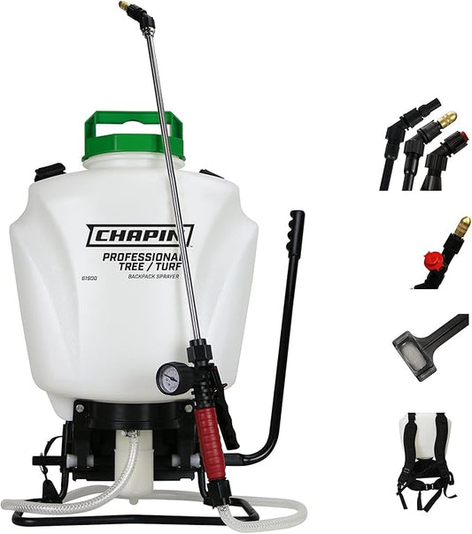 Chapin 61900 Made in The USA 4 Gallon Tree and Turf Pro Commercial Backpack Sprayer with Stainless Steel Wand, 3 nozzles, 3 Stage Filtration, Translucent White