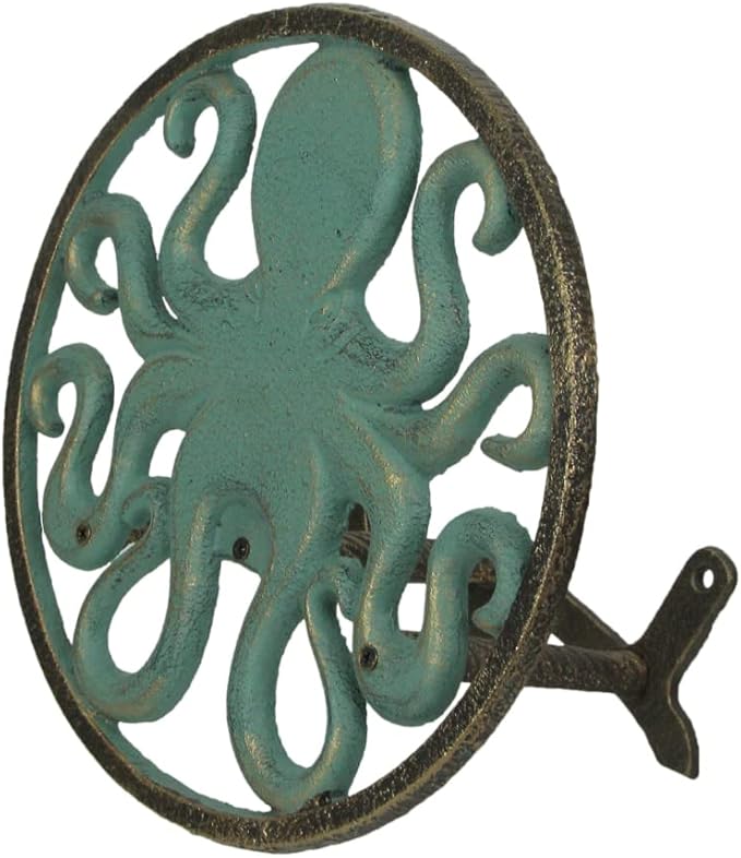 Zeckos Verdigris Octopus Garden Hose Hanger - Cast Iron Decorative Wall-Mounted Holder - 12-Inch Diameter - Stylish Outdoor Decor for 125 ft Capacity