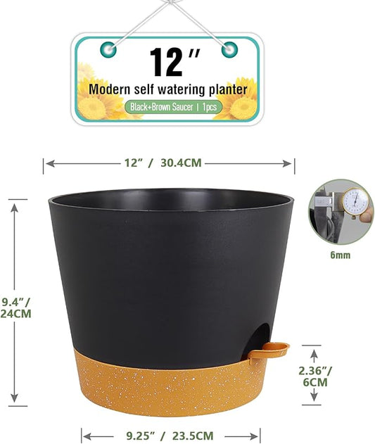 12 inch Large Self Watering Pots, Plant Pots with Mesh Drainage Holes for Indoor Outdoor Plants, Plastic Planters with Deep Reservoir for Garden House Flower Plants, Black with Brown