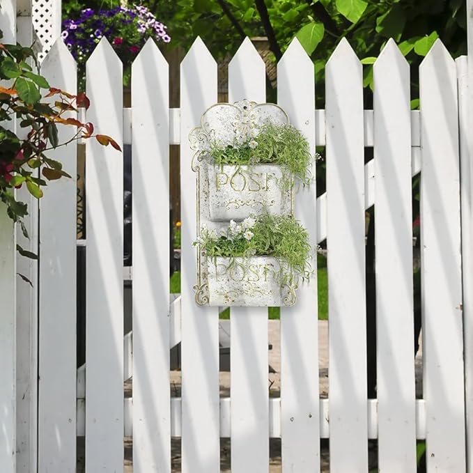 All Chic Metal Wall Planter - Outdoor Rustic Wall Mount Hanging Planter, White Gold