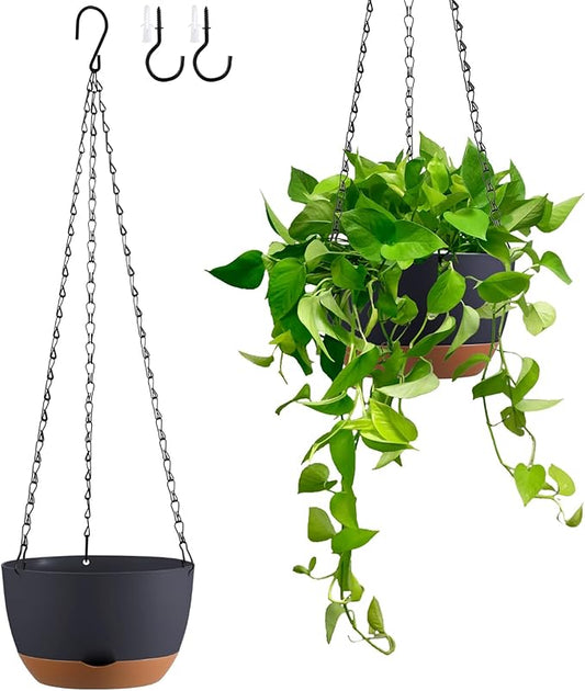 Set of 2 8 Inch Self Watering Hanging Planters for Indoor Outdoor Plants, Color Blocking Hanging Baskets Flower Pots with Drainage Hole & Removable Water-Storage Tray