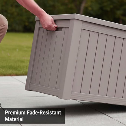 150 Gallon Resin Deck Box with Lockable Lid - Outdoor Waterproof Storage for Patio Furniture, Garden Tools, Cushions & Pool Accessories, Wood Grain Design, Easy Assembly