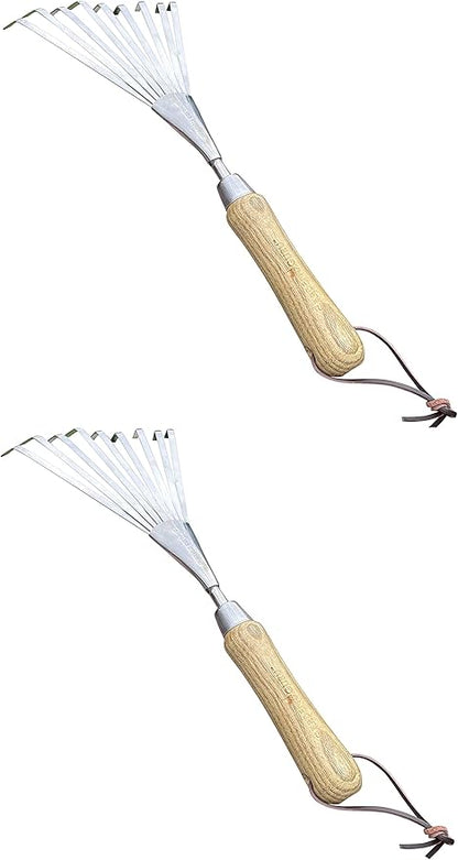 Garden Guru Eco Hand Rake Soil Tiller- 100% Recycled Stainless Steel - Rust Resistant - FSC Certified Wood Ergonomic Handle - Great for Gardening Cultivating Loosening Soil & Spreading Mulch (2 Pack)