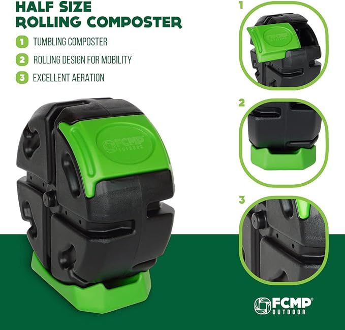 FCMP Outdoor HOTFROG Half Size Rolling Single Chamber Batch Tumbling Composter - Outdoor Rotating Garden Compost Bin (HF-RC2000WB-BLU) Black & Blue (19-Gallon)