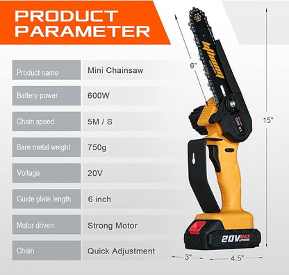 Mini Chainsaw Cordless 6-Inch Electric Chain Saws Cordless Handheld Portable Small Chainsaw with 2 Battery for Tree Trimming Wood Cutting