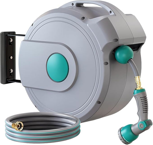 AXTRIM 100 ft x1/2 in Retractable Garden Hose Reel, Premium Wall Mounted Water Hose Reel with 10-Pattern Spray Nozzle, Any Length Lock, Slow Return System, 180° Metal Swivel Bracket, Anti-UV