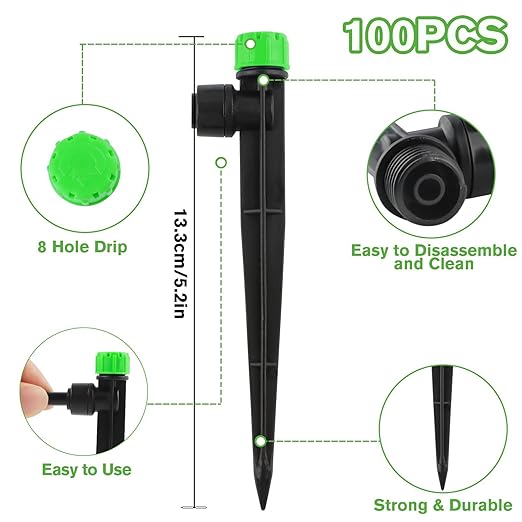 100PCS Drip Irrigation Emitters, Kalolary Adjustable 360 Degree Water Flow Drippers Emitters for 1/4" Drip Irrigation System Tubing, Irrigation Drippers for House Garden Flower beds(Medium Green)