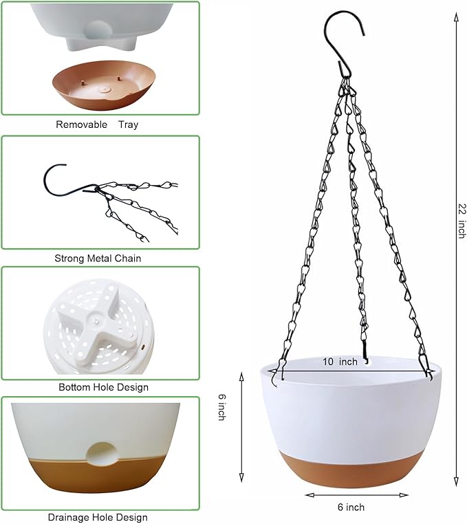 2 Pack 10 Inch Hanging Planters for Indoor Outdoor Plants, Plastic Hanging Basket Flower Plant Pots, Plant Self Watering Pot with Drainage Holes and Saucers for Garden Home (Deep Gray)