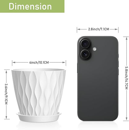 4 Inch Small Pots for Plants, 6 Pack Waffle Texture Small Plant Pots for Succulents, Plastic Planter with Drainage Holes and Saucers for Indoor Outdoor Plants, Flowers, Herbs, Seedlings, White