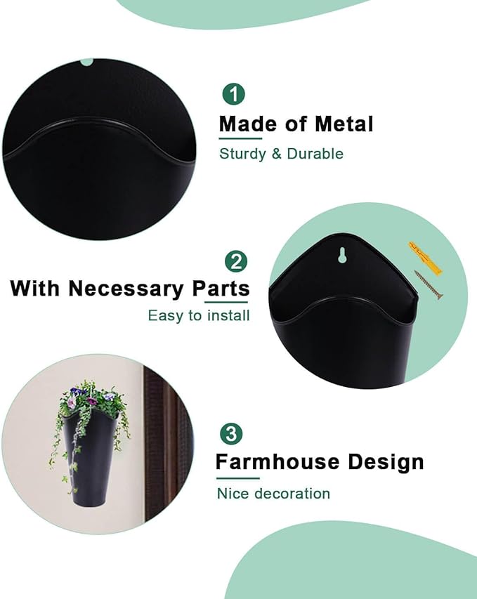 vensovo 12 Inches Galvanized Wall Planters - 2 Packs Metal Tin Vases for Flowers Indoors, Farmhouse Hanging Planter Tall Flower Holder for Country Decor Outdoors, Black