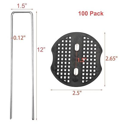 Finderomend 100 Pack Landscape Staples and 100 Pack Gaskets,11 Gauge 12" Galvanized Steel Garden Staples with Black Pads Turf Staples for Weed Barrier Grass