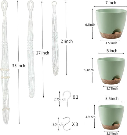 Hanging Planters with Macrame Plant Hangers for Indoor Outdoor Plants,3 Set Hanging Baskets Flower Pots Holders 35‘’/27‘’/21‘’,Self-Watering Pots 7‘’/6‘’/5.5‘’,Boho Home Decor (Green)