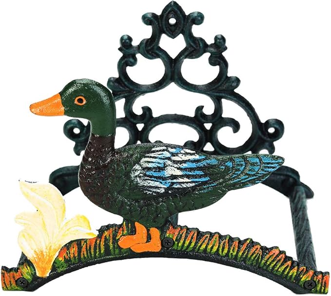 Sungmor Heavy Duty Cast Iron Garden Hose Holder | Water Hose Hanger Wall Mounted | Decorative Indoor Outdoor Hose Rack Reel | 50FT 75FT 100FT Water Hose Bulter Storage | Lovely Duck Metal Hose Stand