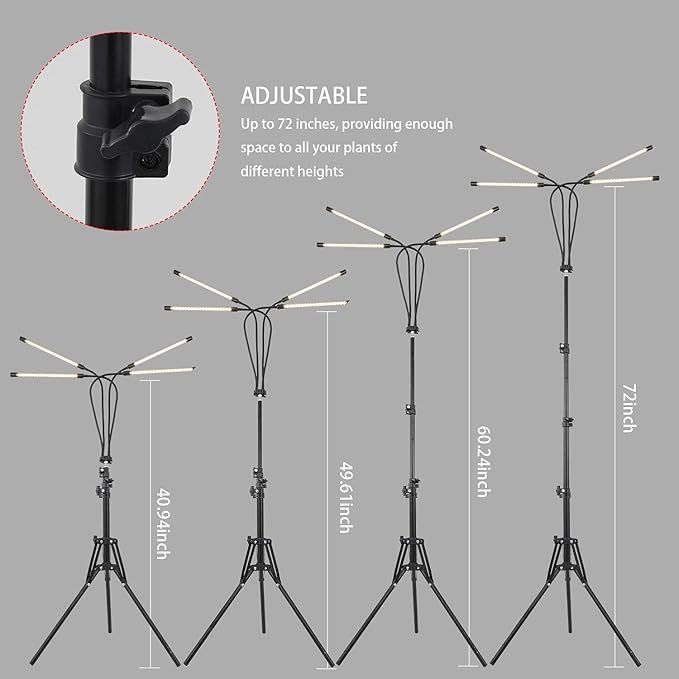LED Plant Grow Light with Stand, LED Grow Light Full Spectrum for Indoor Plants,10 Dimmable Levels,3 Modes Timing,Tripod Adjustable 15-72 inch.
