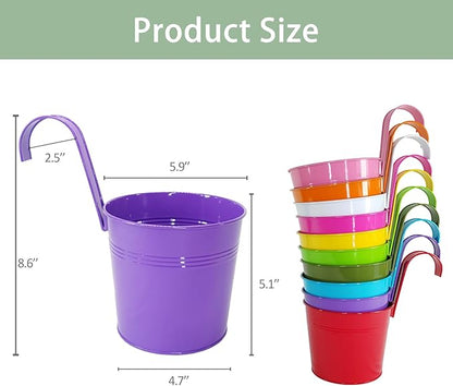 6 Inch Hanging Planters for Outdoor Plants, 10 Pack Metal Railing Planter, Rail Balcony Fence Flower Pot with Detachable Hooks, Colorful Garden Decor (Multi-Color, Pack of 10)