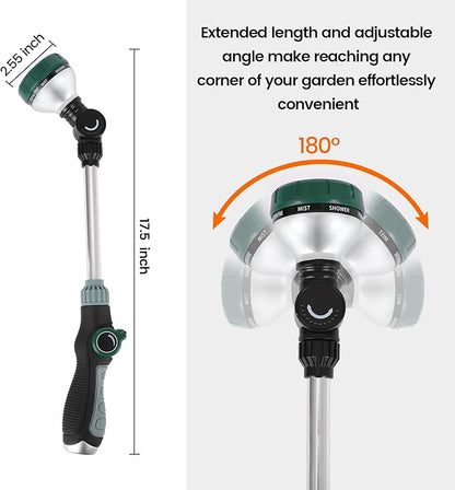 Watering Wand for Garden Hose, 17.5 Inch, 8 Spray Patterns, Garden Hose Nozzle with Thumb Flow Control, Adjustable Water Sprayer with Pivoting Head, Ideal for Hanging Baskets and Shrubs