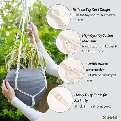 Macrame Plant Hanger, Hanging Planters for Indoor Plants Holder with Wood Beads, Hanging Plant Holder for Indoor Outdoor, Gifts for Plant Lovers, Boho Home Decor Plant Hanger, Ivory