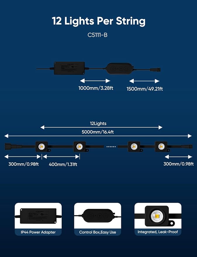 APPECK Permanent Outdoor Lights 200ft with 144 LED Lights, 72W Smart RGBW Eaves Lights, DC 36V, 40LM, IP67 Waterproof String Lights for Halloween Christmas Decor, Compatible with Alexa, Black