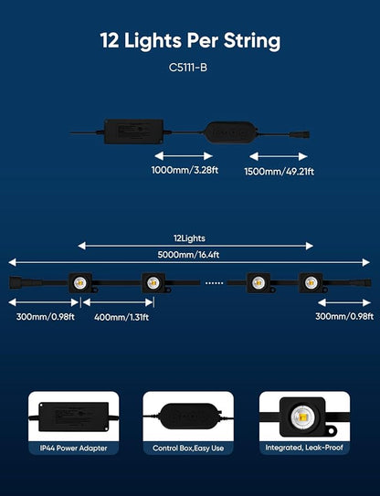 APPECK Permanent Outdoor Lights 200ft with 144 LED Lights, 72W Smart RGBW Eaves Lights, DC 36V, 40LM, IP67 Waterproof String Lights for Halloween Christmas Decor, Compatible with Alexa, Black