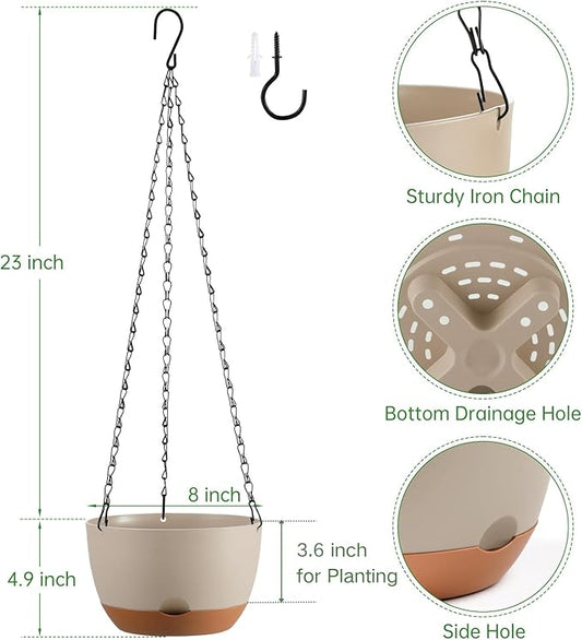 Set of 2 8 Inch Self Watering Hanging Planters for Indoor Outdoor Plants, Color Blocking Hanging Baskets Flower Pots with Drainage Hole & Removable Water-Storage Tray