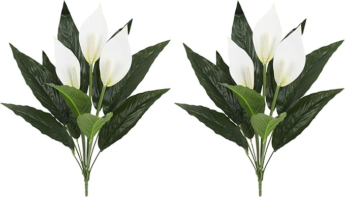 Spathiphyllum Artificial Plants with White Flowers, 2-Pack Green Leaves Artificial Peace Lily Flower Plants