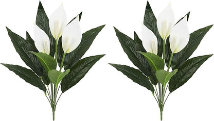 Spathiphyllum Artificial Plants with White Flowers, 2-Pack Green Leaves Artificial Peace Lily Flower Plants