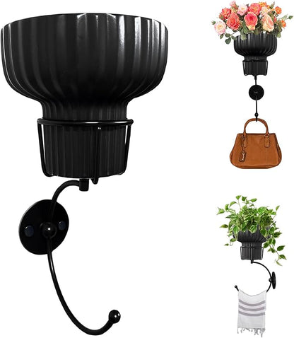 Hanging Plant Wall Vessel for Flowers with Hook, Indoor Outdoor Boho Bathroom Decor Wall Art Planter Mounted Vase (Black)