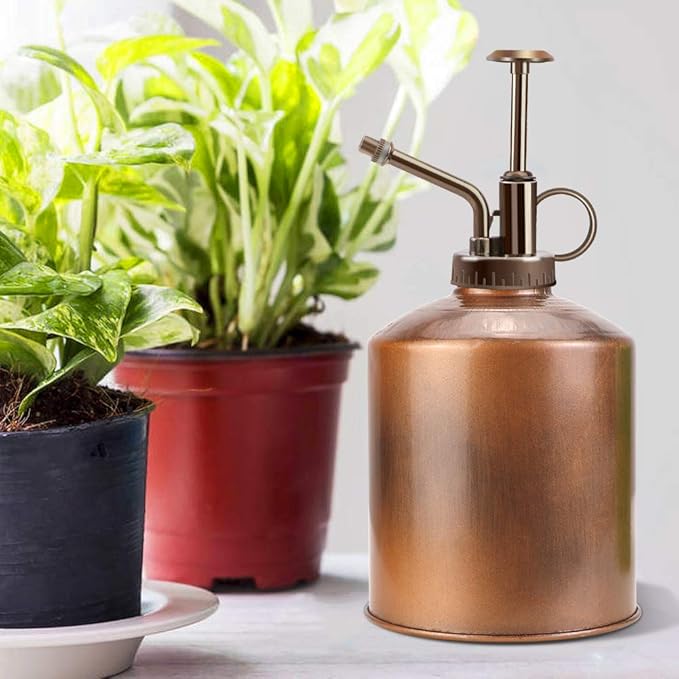 Galvanized Steel Plant Mister Spray Bottle, 8" Tall Vintage Plant Spritzer Watering Can, Succulent Watering Bottle with Top Pump for Indoor Outdoor Gardening (Bronze)