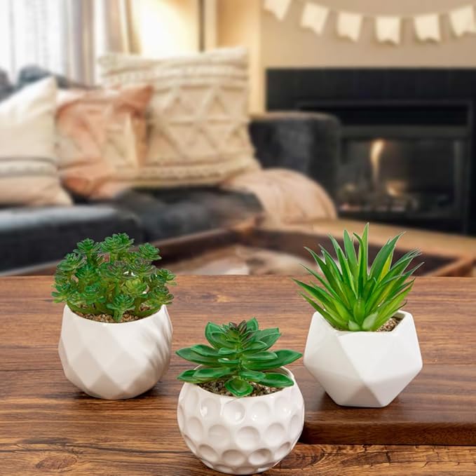 Briful Artificial Succulents Plants in Ceramic Pots, 3 Pack Faux Succulent Set with White Geometric Planters – Modern Desk Decor for Home Office Shelf Bathroom, Small Fake Plants Potted