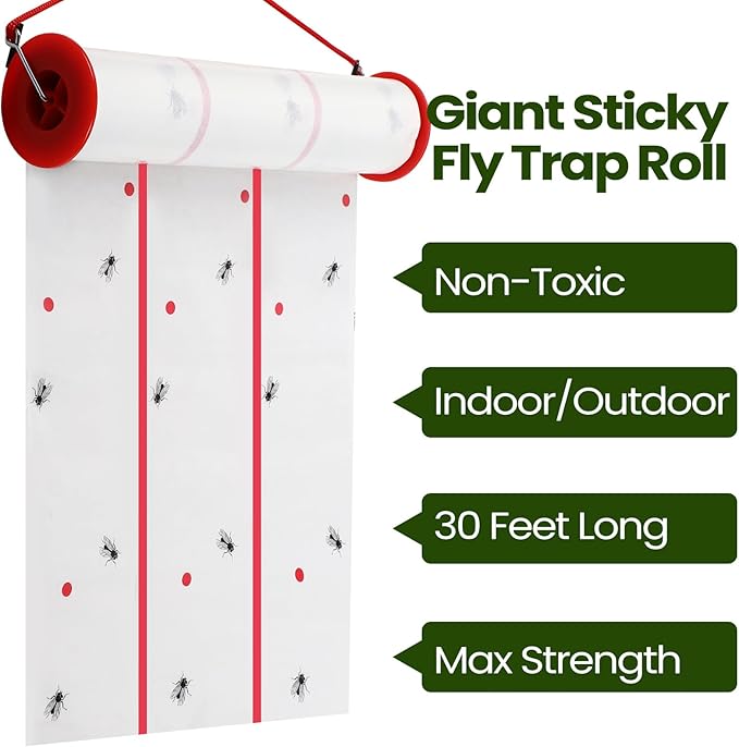 Qualirey Giant Sticky Fly Traps,30 Feet Fly Strips for Indoor Outdoor Hanging Flying Tapes Non Toxic Ribbon Fruit Gnat Killer for Mosquito Plants House Horse Stable (White,10 Pcs)