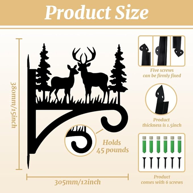 Peacoblue Iron Plant Hangers Hooks for Outdoor Indoor Hanging Plants Flower Fern Pot Lantern Bird Feeder Wind Chime,12"x15" Deer and Tree Weather Resistant Metal Wall Holder for Porch Garden Farmhouse