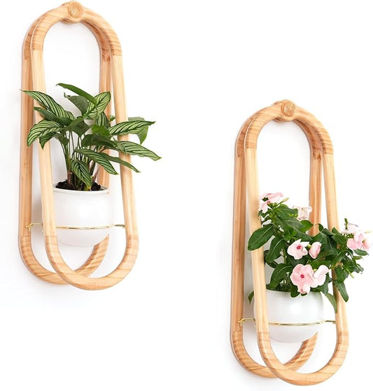 Wooden Wall Planters for Indoor with Ceramic Pot - Modern Hanging Plant stand Shelf for Indoor Plants, Wall Mounted Plant Holder for Living Room, Bedroom, Wall Decor - Raw Wood Color (Set of 2)